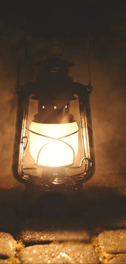 Vintage lantern illuminating a cobblestone path with a warm glow.