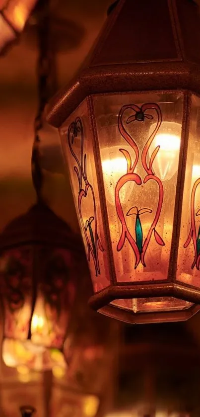 Warm vintage lanterns glowing softly in intricate design.