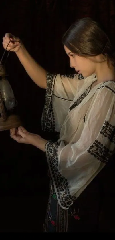 A woman holding a vintage lantern in a classic, dark-themed mobile wallpaper.