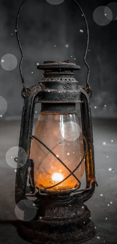 Vintage lantern glowing with a warm orange light on a dark gray background.