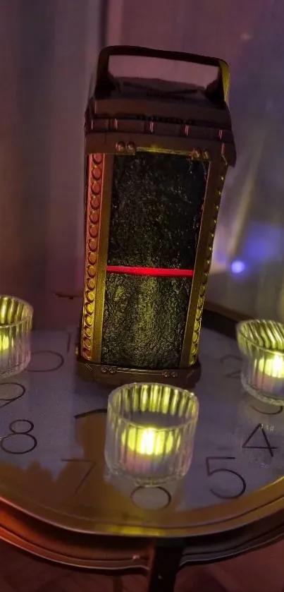 Vintage lantern on clock face with glowing candles.