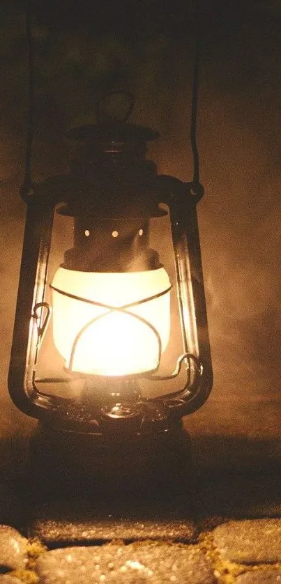 A glowing vintage lantern on a cobblestone path, creating a warm ambiance.