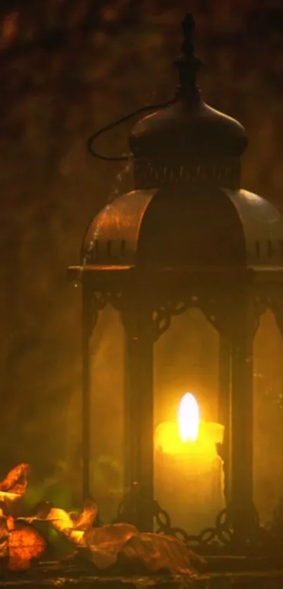 Glowing candle inside a vintage lantern with a warm, rustic ambiance.