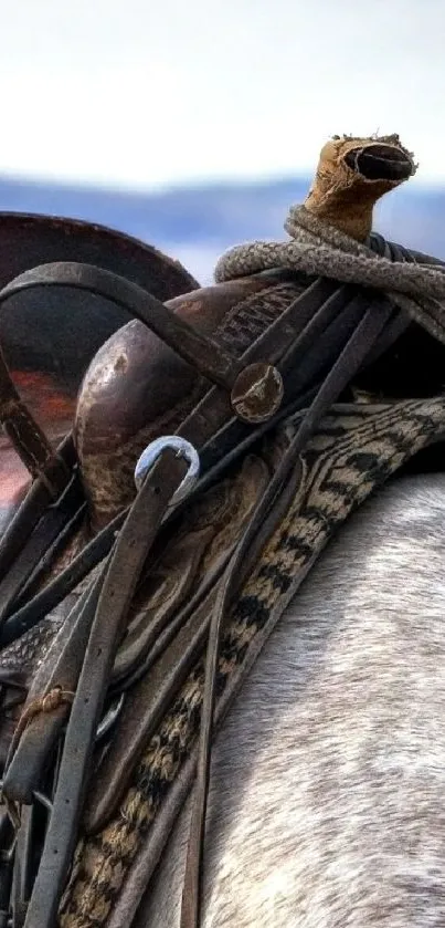 Close-up of a vintage leather saddle on a gray horse, showcasing rustic craftsmanship.