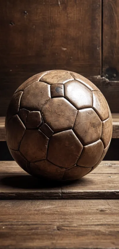 Vintage leather soccer ball on rustic wooden floor.