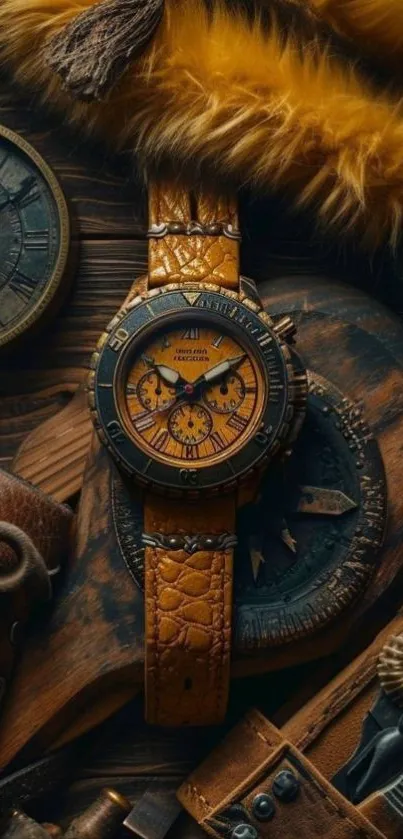 Vintage leather watch on rustic background, showcasing elegance.