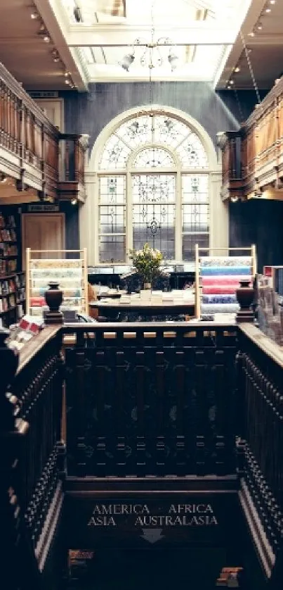 Vintage library interior wallpaper with wooden shelves and large window.