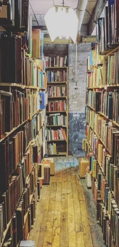 Vintage library aisle with towering bookshelves and wooden floor.