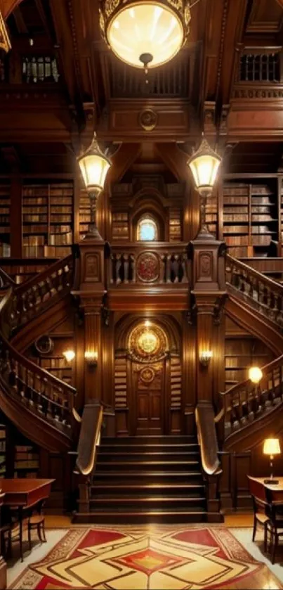 Elegant wooden library interior with grand staircase and warm lighting.