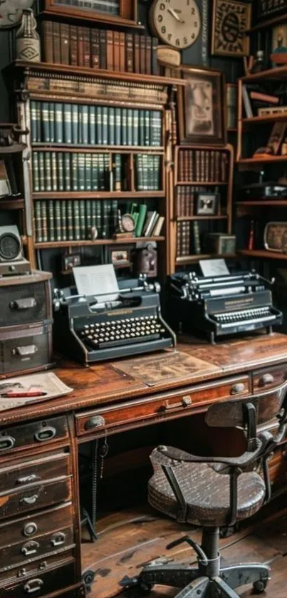 Vintage library room with typewriters and books on wooden shelves.