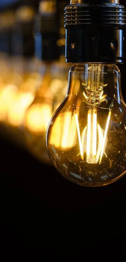 Close-up of a glowing vintage light bulb on a dark background.