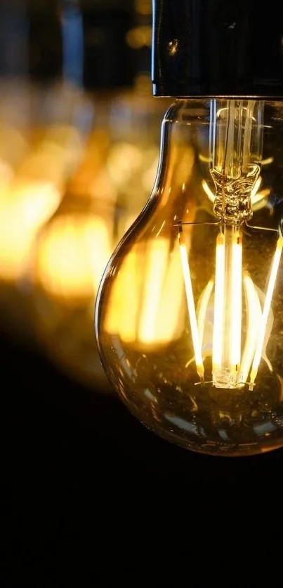 Vintage light bulb with glowing filament on dark background.