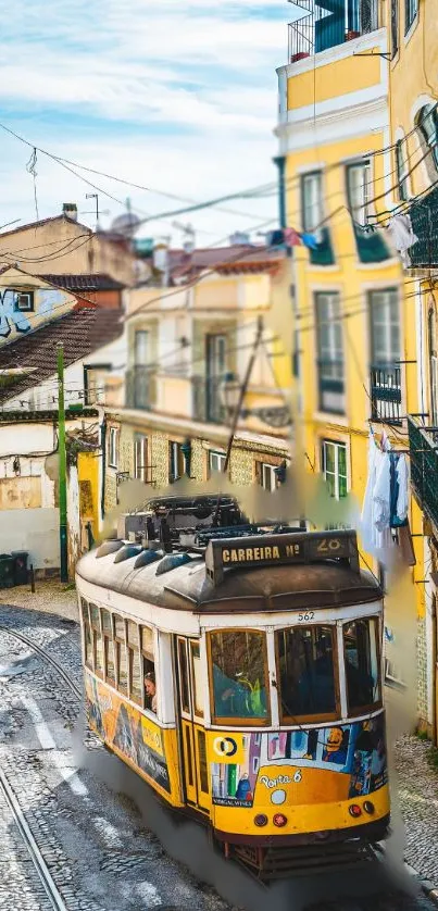 Vintage Lisbon tram in a colorful urban scene.