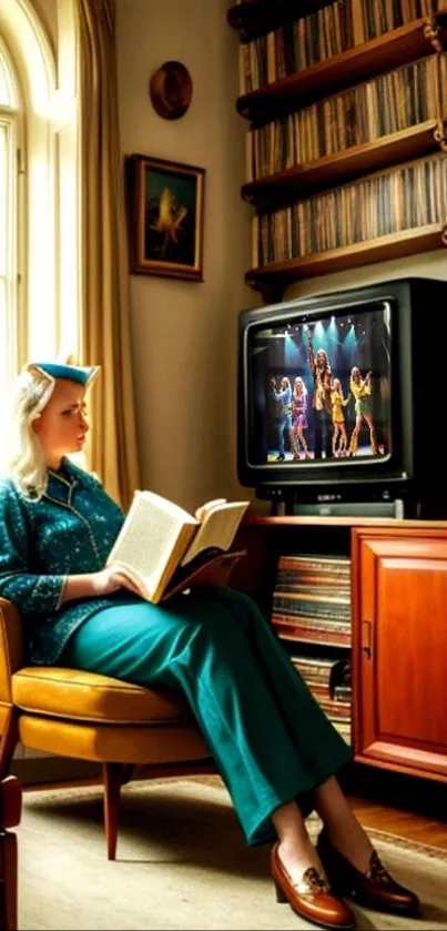 Woman reading in a vintage living room with retro decor and TV.