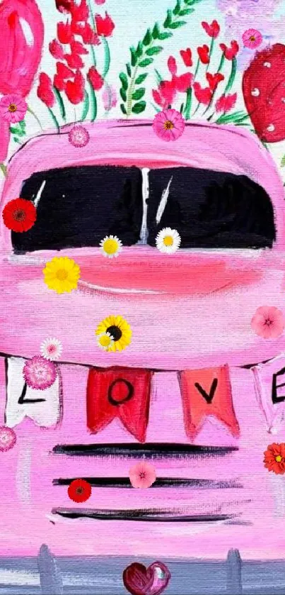 Vintage pink car with love theme in a floral backdrop.