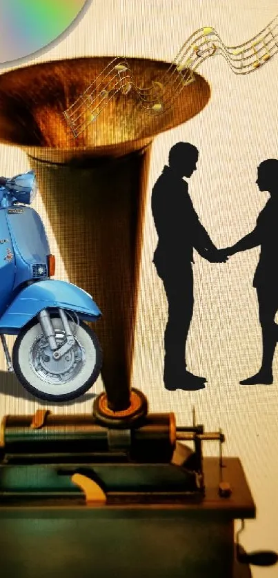 Vintage collage with gramophone and couple silhouette.