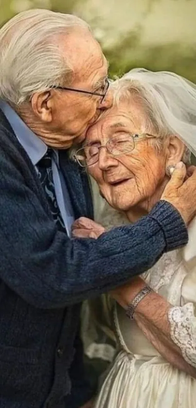 Elderly couple in loving embrace, vintage charm mobile wallpaper.