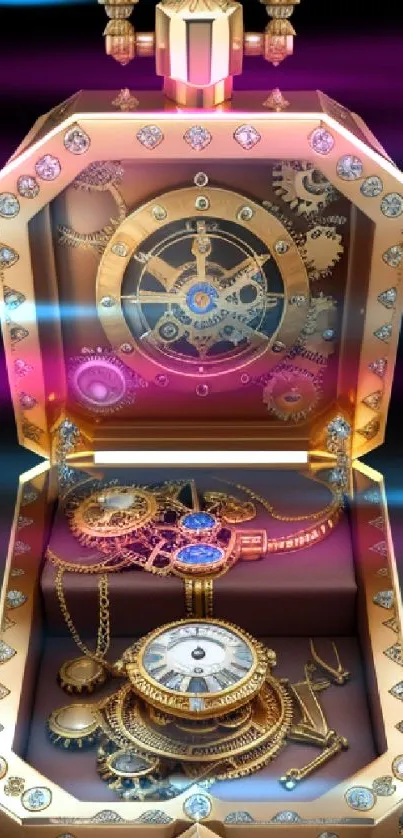 Vintage clockwork design with gold and gemstones.
