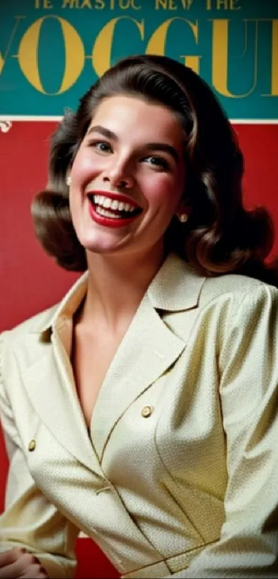 Vintage magazine cover with a smiling woman in elegant attire.