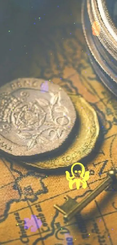 Vintage wallpaper with map, compass, and coins.
