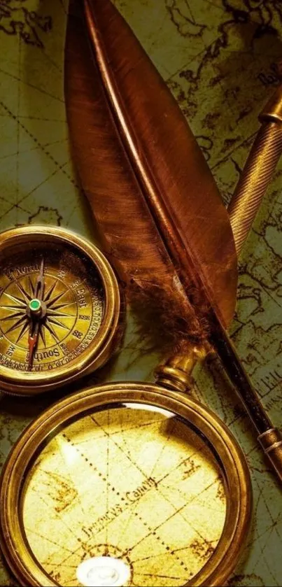 Vintage wallpaper with map, compass, and feather pen.