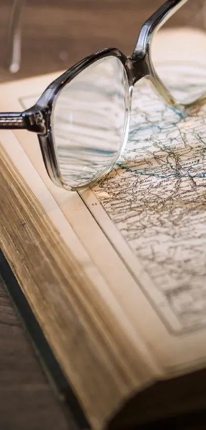 Vintage map with glasses on an open book, perfect for travel lovers.