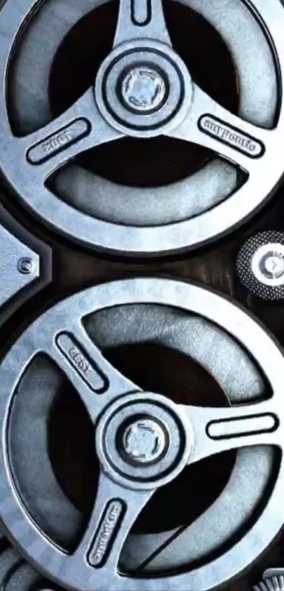 Vintage mechanical wheels with intricate design.