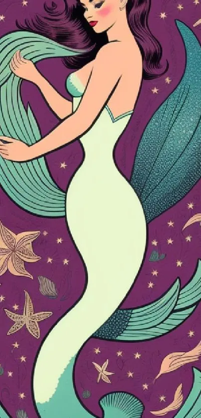 Elegant vintage mermaid on purple smart wallpaper.