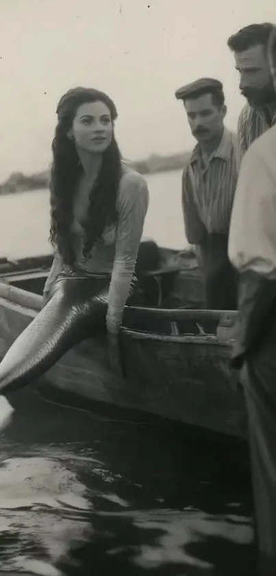 Vintage photo of a mermaid on a boat with sailors.