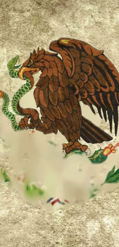 Vintage Mexican emblem with eagle and serpent on a beige background.