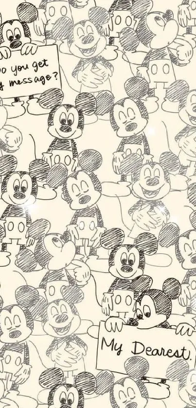 Vintage Mickey Mouse cartoon wallpaper with playful sketches.