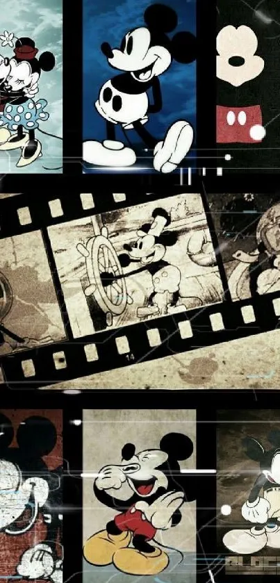 Vintage-style Mickey Mouse collage wallpaper for mobile with film strip design.