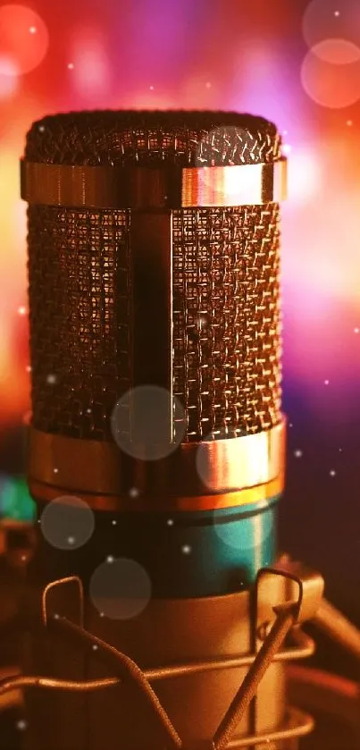 Vintage microphone with vibrant colorful background.