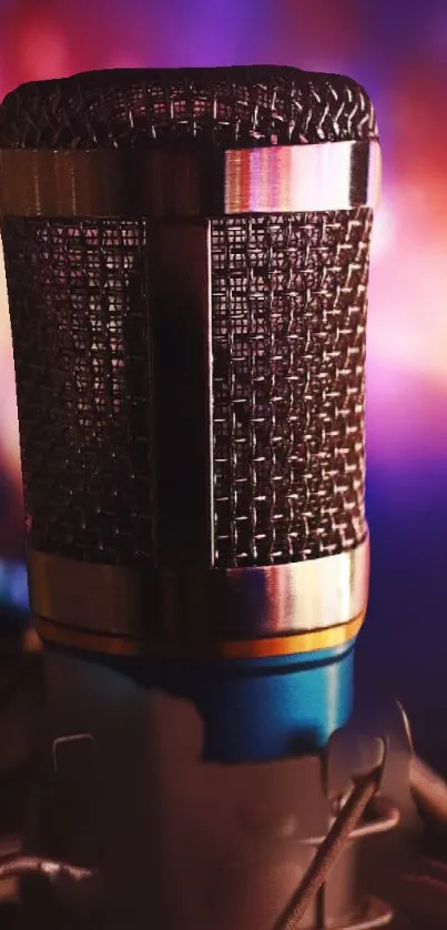 Vintage microphone with colorful lights background.