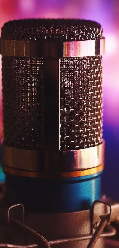 Vintage microphone with colorful bokeh background.