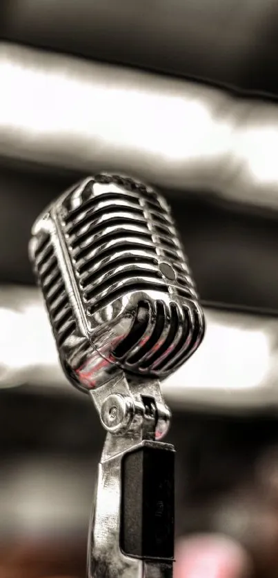 Close-up of vintage microphone with blurred background.