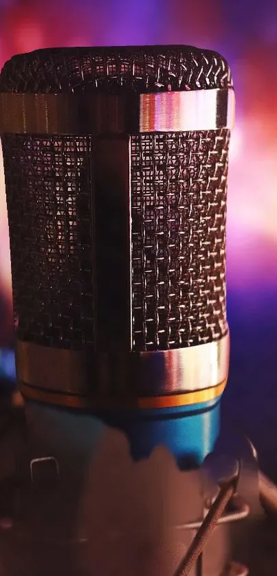 Close-up of a vintage microphone with vibrant colorful lights in the background.