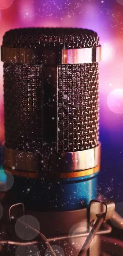 Vintage microphone with colorful bokeh lights creating a mesmerizing effect.