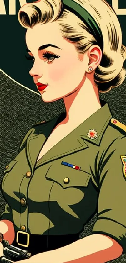 Vintage military woman art with olive green uniform.