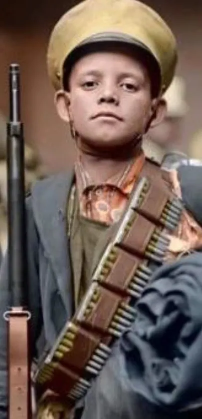 Young boy in vintage military attire with rifle.