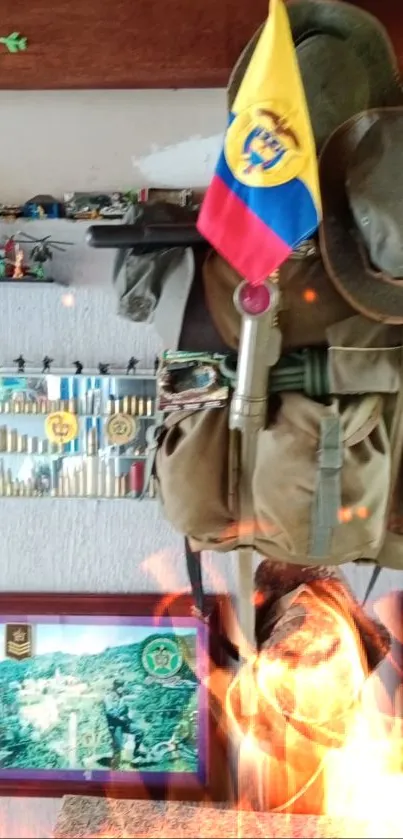 Vintage military gear with flag display.