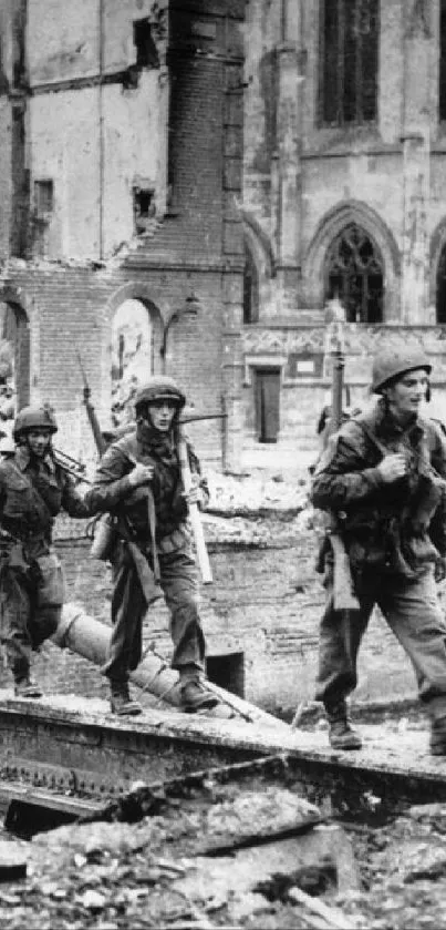 Vintage black and white photo of soldiers marching through ruins.