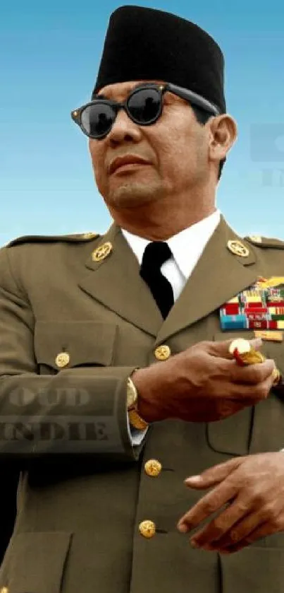 Portrait of a military leader in olive uniform with sunglasses.