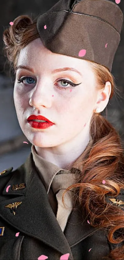 Portrait of a woman in a vintage military uniform with red lipstick.