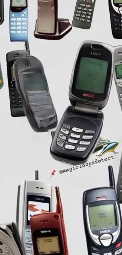 Collage of vintage mobile phones with iconic designs.