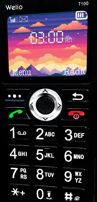 Vintage mobile phone with pixel art screen and numeric keypad.