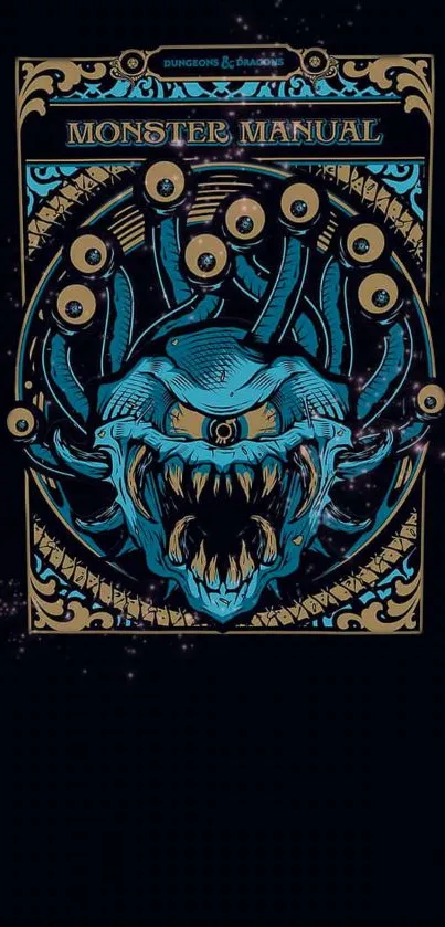 A detailed vintage monster manual design with a dark blue background.