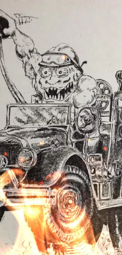 Vintage monster truck ink illustration with dynamic motion.