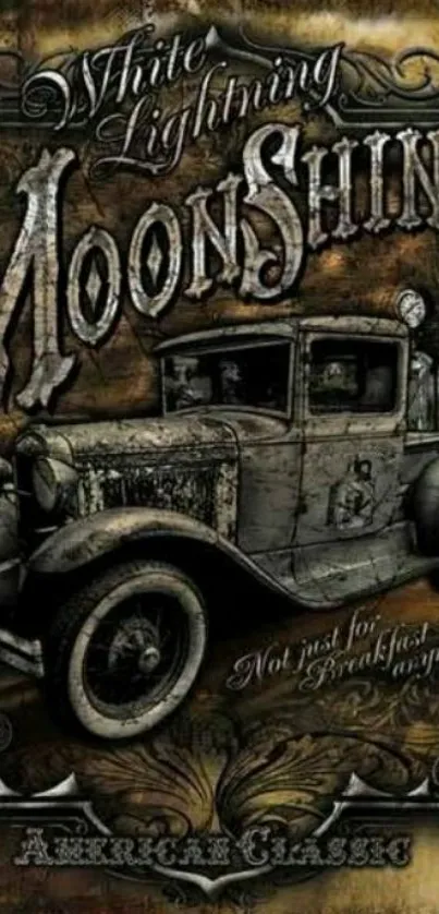 Vintage moonshine truck wallpaper with rustic decor.