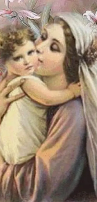 Vintage art of a mother embracing child with floral background.